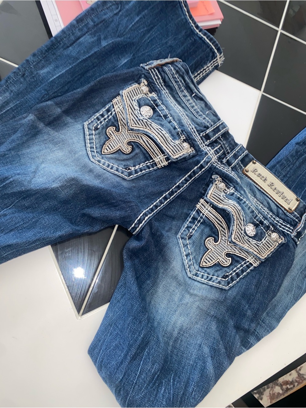 Rock Revival Dark Blue Embroidered Back Pocket Boot Cut Jeans
